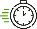 Stopwatch icon featuring green lines, symbolizing speed and efficiency in achieving fast-paced results.