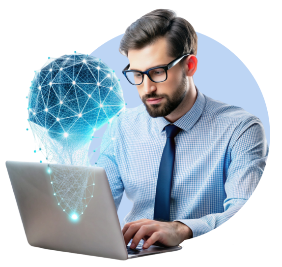 A man in glasses and a tie works on a laptop connected to a brain, symbolizing the fusion of AI and human expertise.