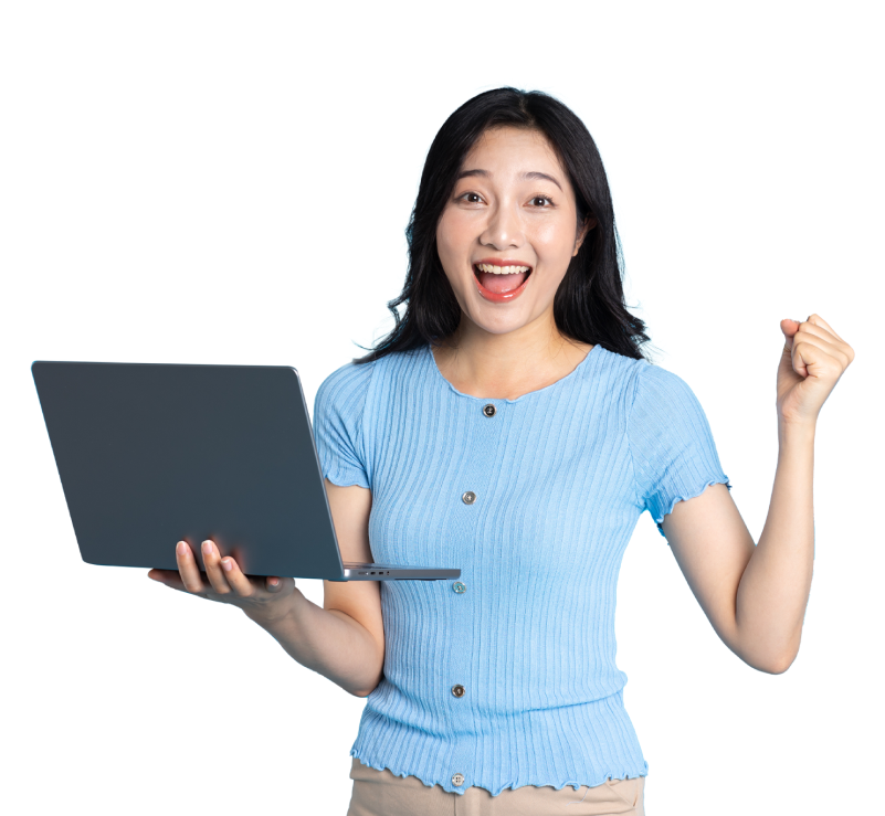 A woman with a laptop raises her arms, symbolizing success in building a team and efficient hiring solutions.