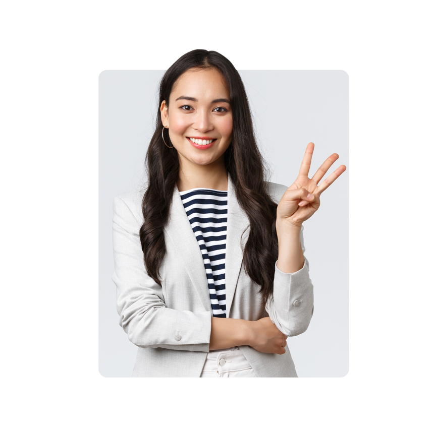 A smiling woman in a blazer holds up three fingers, symbolizing "Not one, but three guarantees."